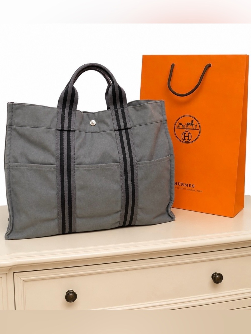 Hermès Toile Fourre-Tout Gray Canvas Tote MM Medium with Shopping Bag